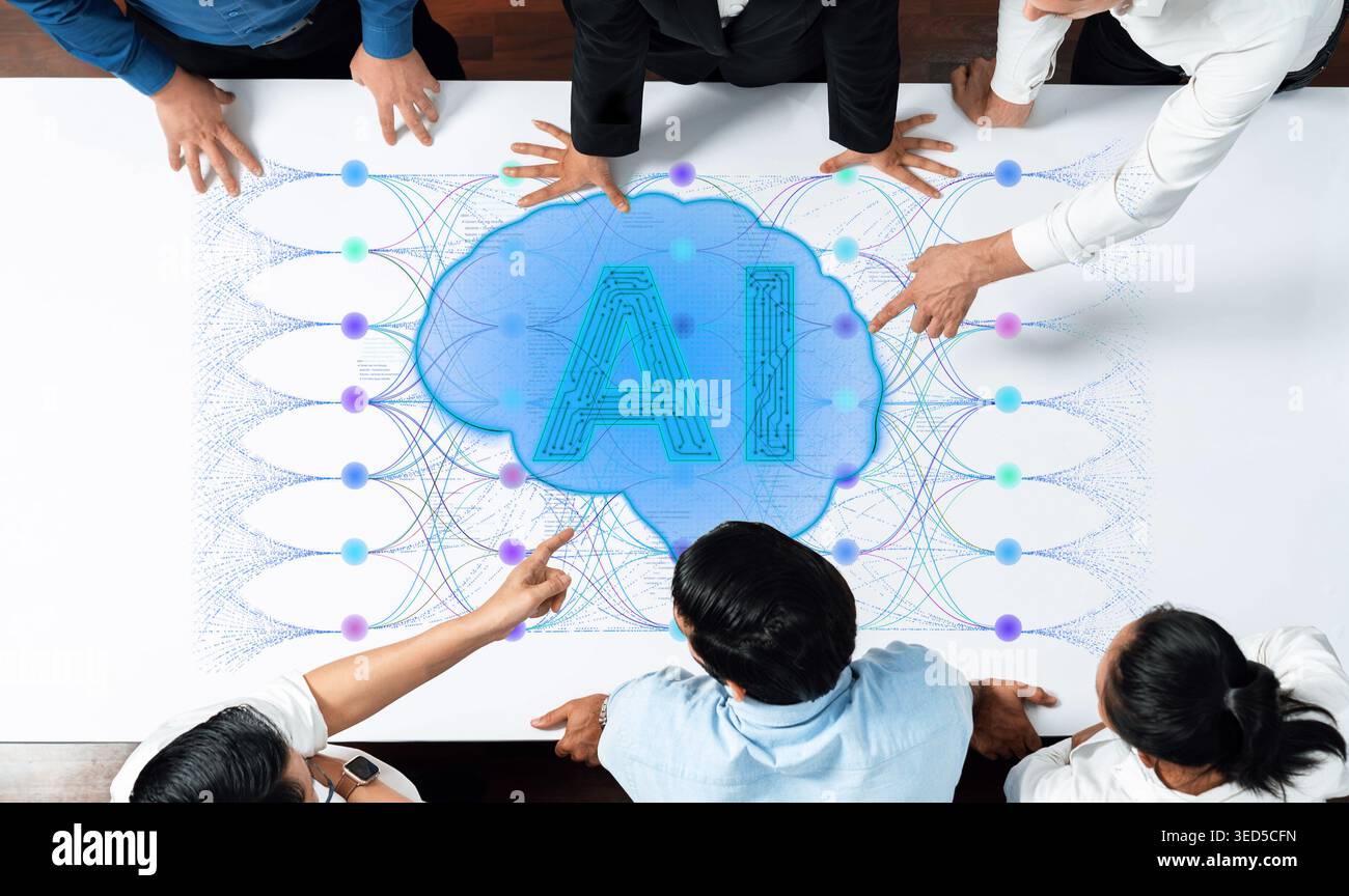 Collaborative Meeting on Innovative AI Technology with Team Members Analyzing Data and Brainstorming Ideas for Future Development Sigmoid Stock Photo
