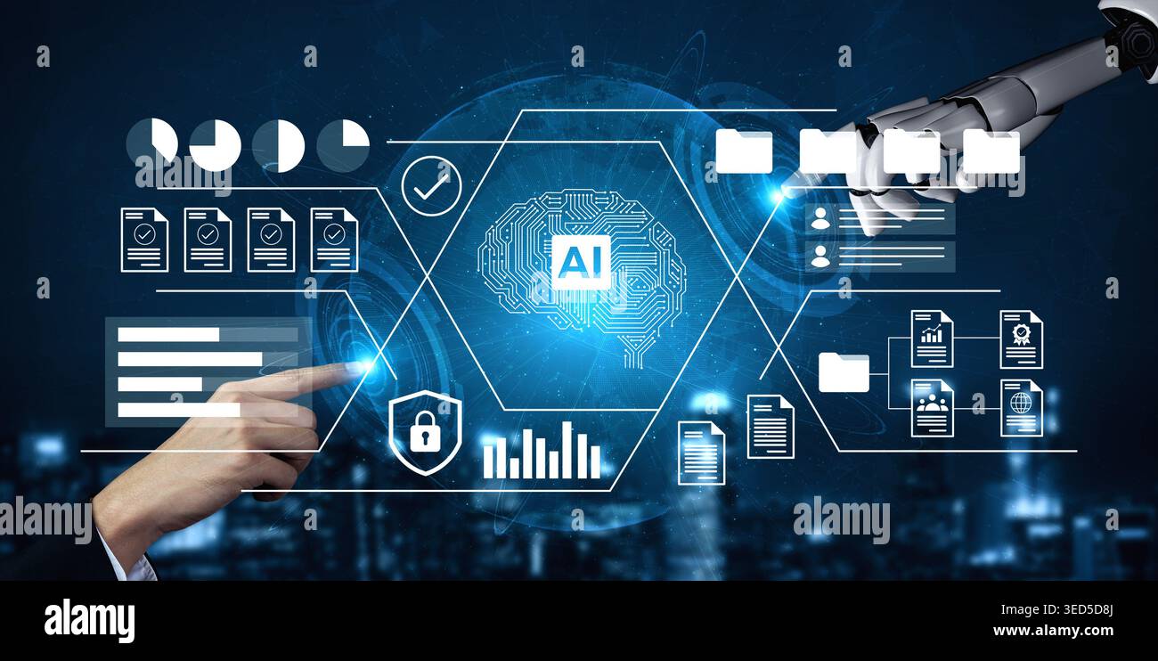 A digital workspace featuring artificial intelligence and robotic elements emphasizing data analysis, automation, and security in modern business Stock Photo