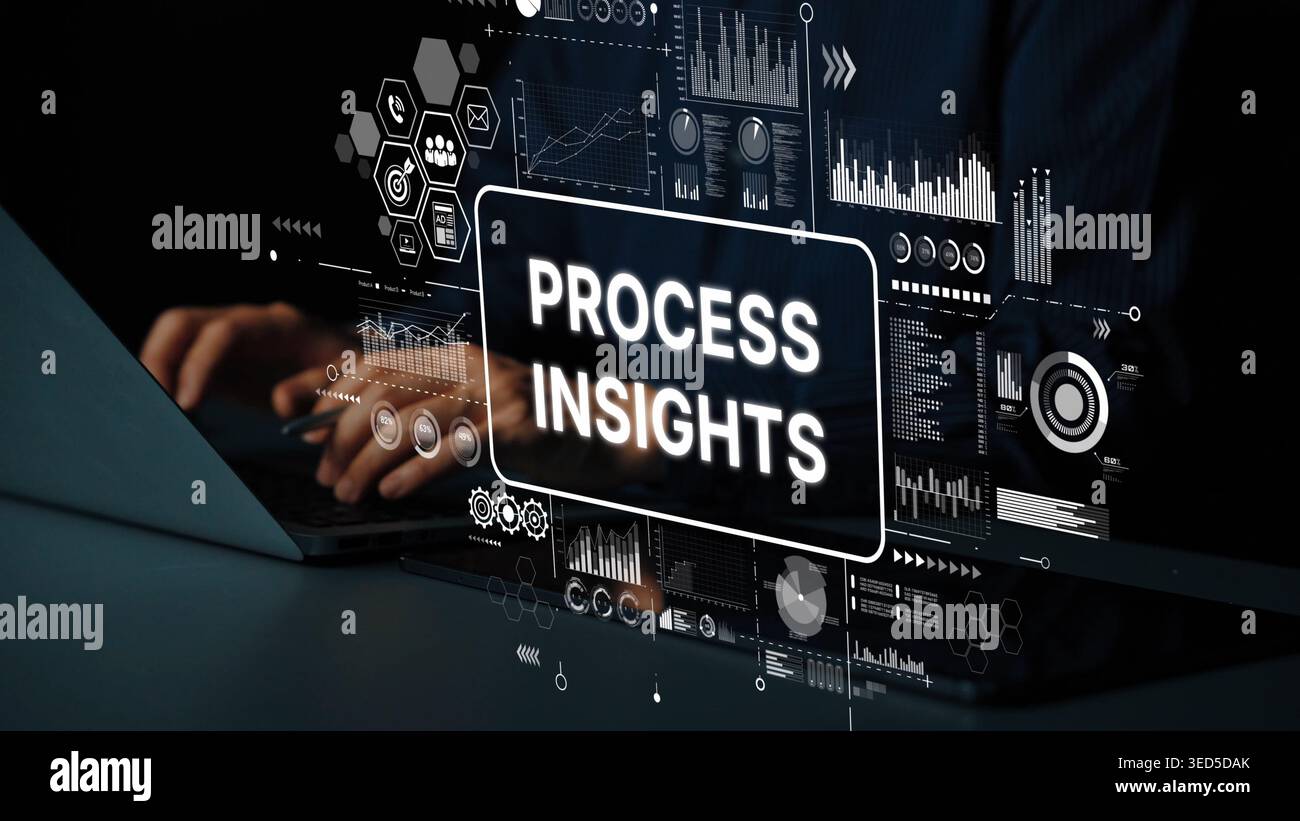 Digital Process Insights and Data Visualization on a Computer Screen with Abstract Graphs and Charts. Asymptotic smart data analytic. Stock Photo