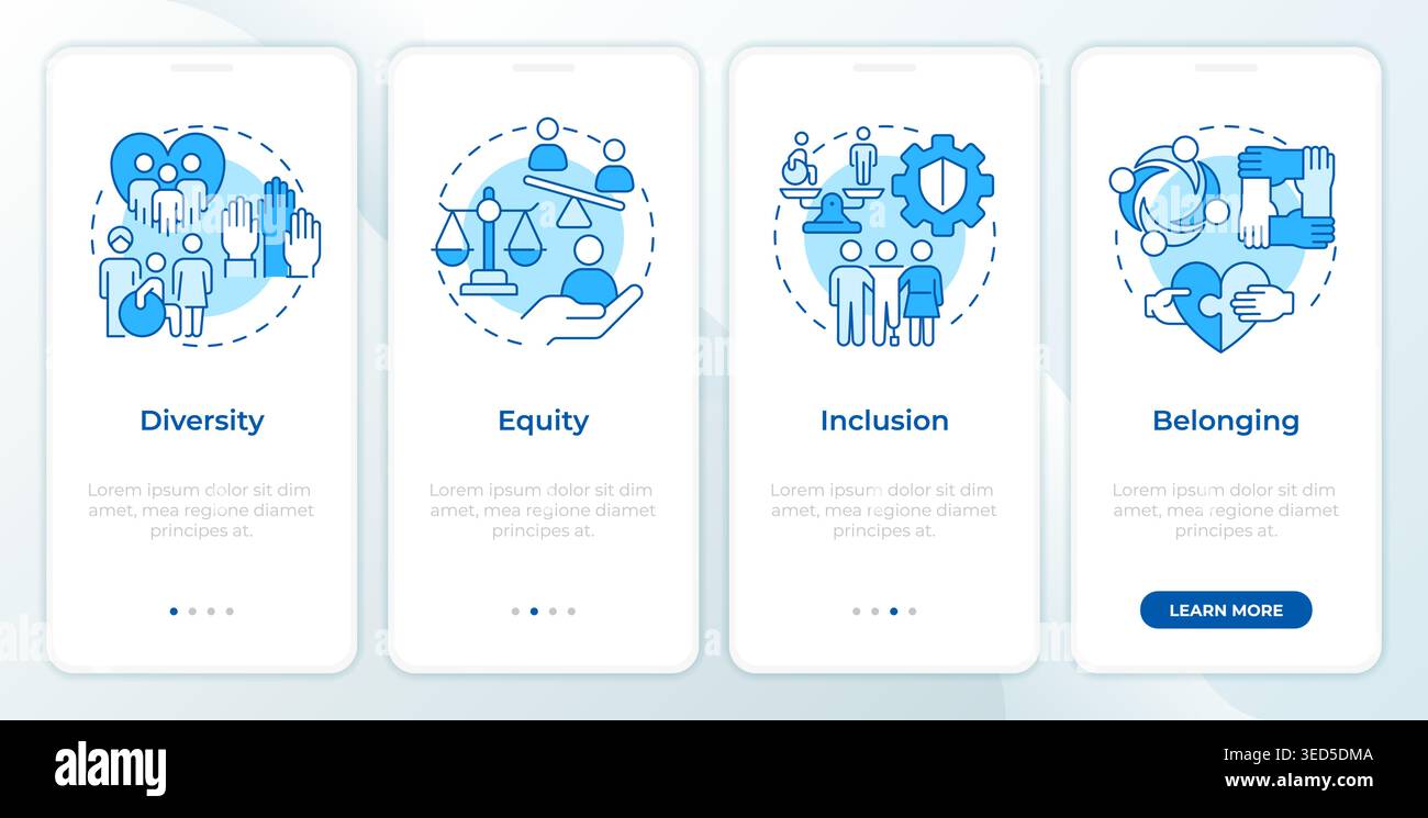 DEIB framework blue onboarding mobile app screen Stock Vector