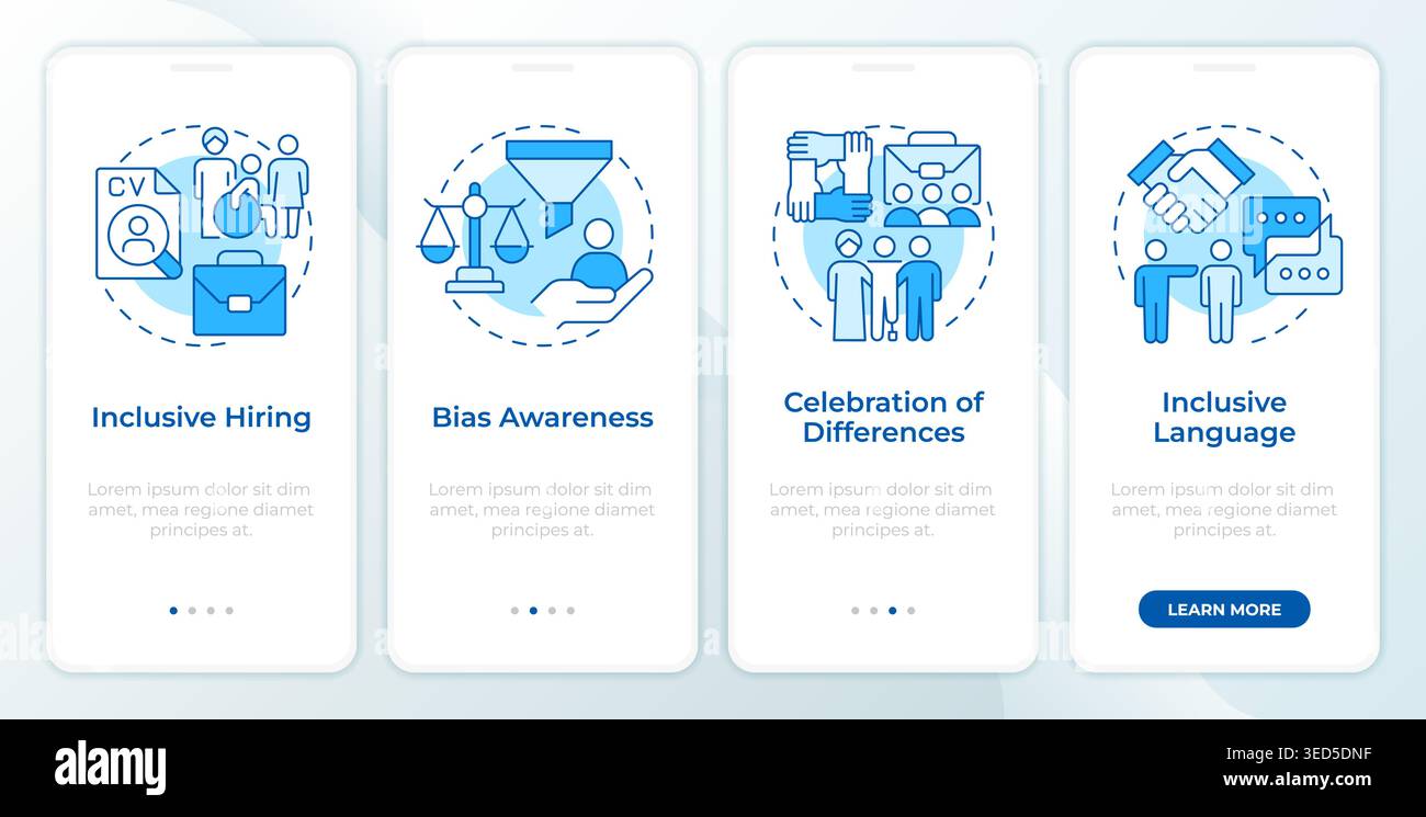 Inclusive work methods blue onboarding mobile app screen Stock Vector
