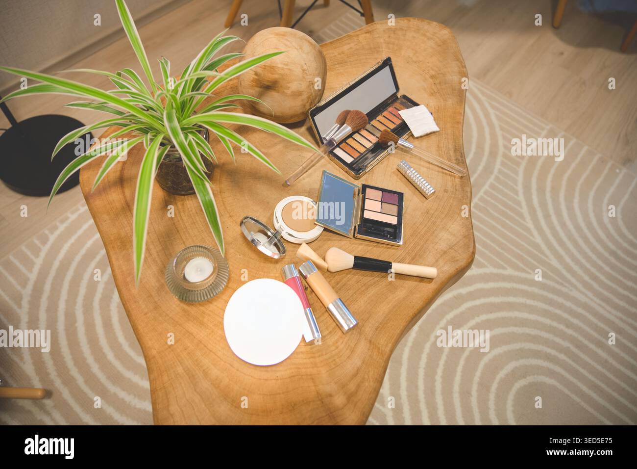 Various cosmetics products, brushes, and a plant displayed on a wooden table Stock Photo