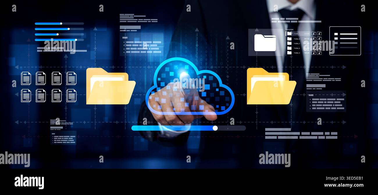 A businessman interacts with a virtual cloud storage interface, showcasing modern document management technology and digital communication in a Stock Photo