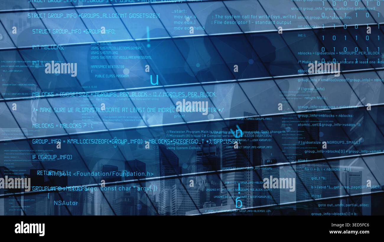 Abstract digital visualization featuring blue binary code layered over a modern cityscape reflected on a sleek glass building, representing technology Stock Photo