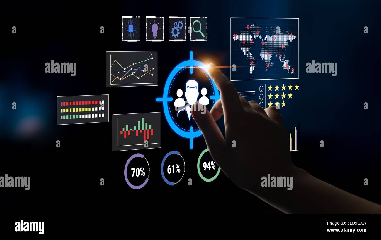 Hand Touching Interactive Digital Graphs and User Interface with Analytics and Data Visualization Elements in a Technology Concept Fluxor. Stock Photo