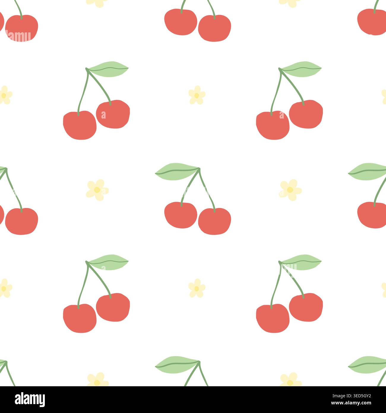 Seamless cherry pattern with flowers in cute flat style Stock Vector
