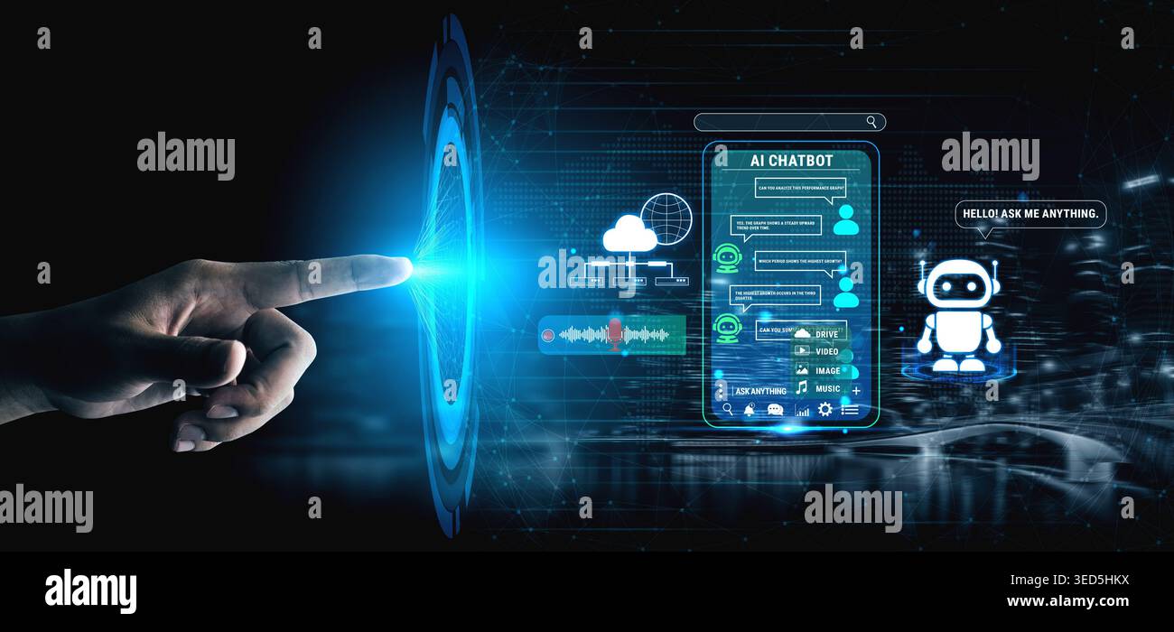 Futuristic Interface with AI Chatbot and Data Visualization, Hand Touching Digital Screen with Cloud Computing and Communication Elements Fluxor. Stock Photo