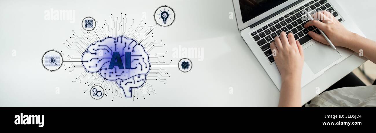 Artificial intelligence models neural signals for deep learning and cognitive computing. Train artificial intelligence to improve recognition Stock Photo