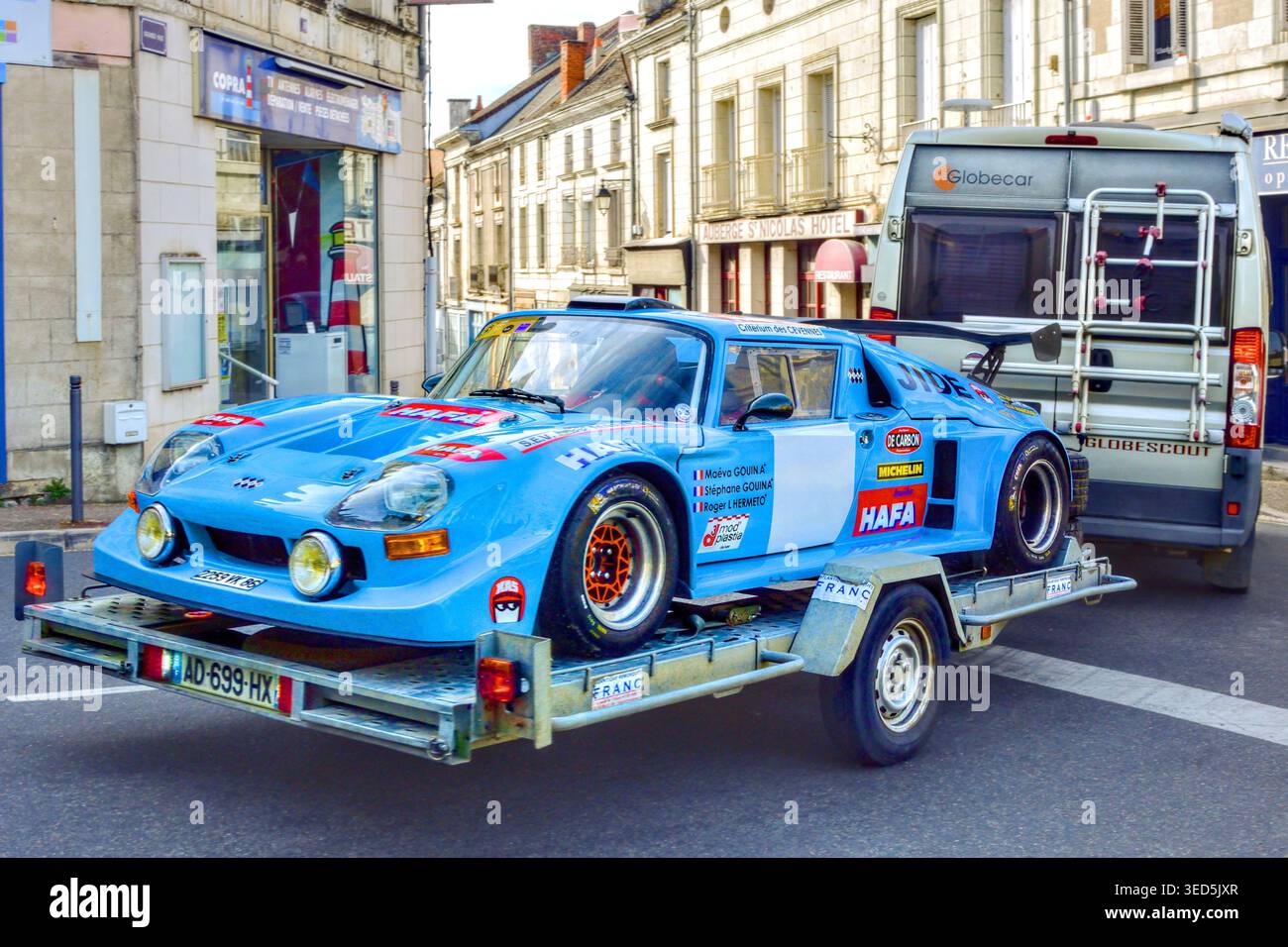Rare 1973 classic "Jidé" rally / hill-climb / sprint sports car transported on trailer - Preuilly-sur-Claise, Indre-et-Loire (37), France. Stock Photo