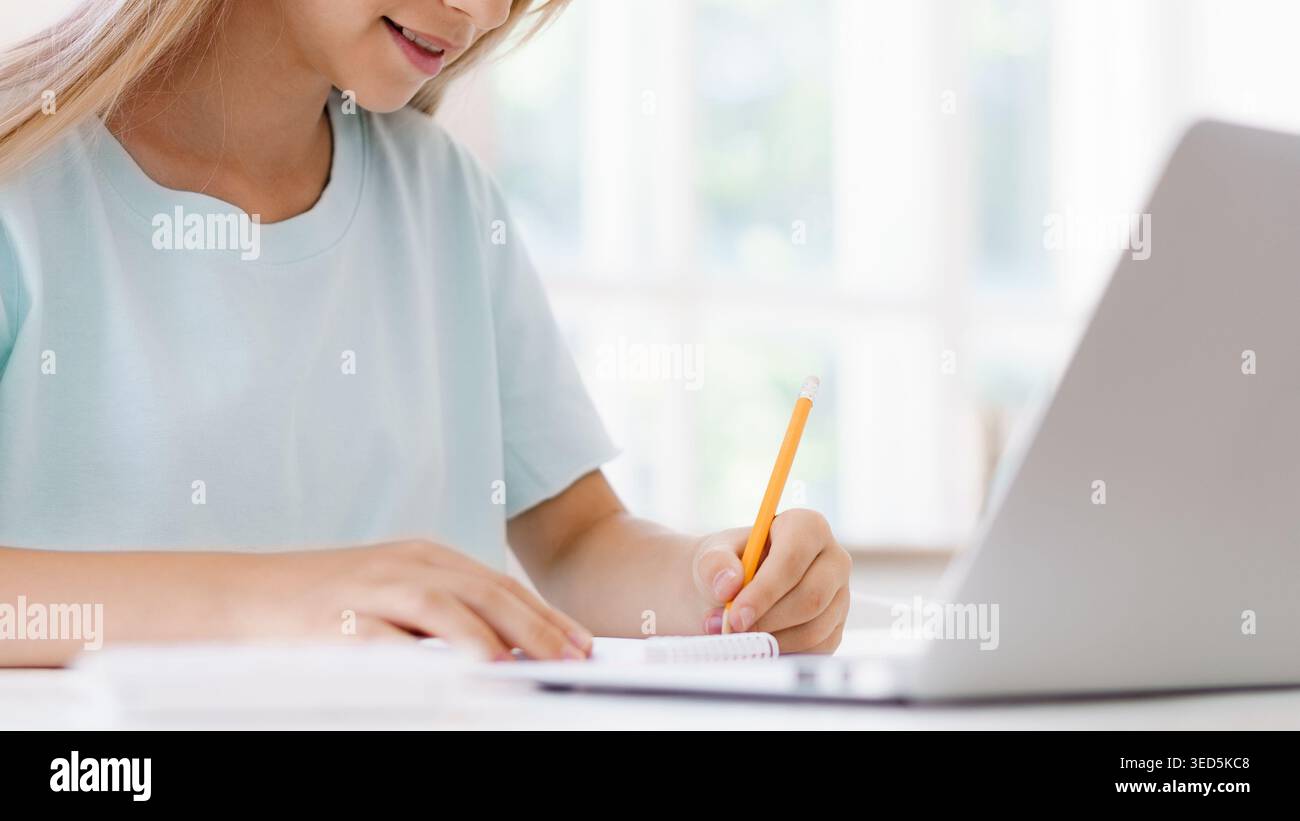 Student writes notes while studying at home during daytime Stock Photo
