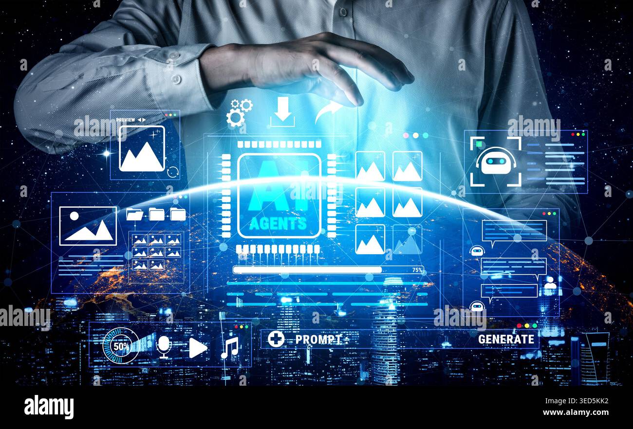 Futuristic Human Interaction with AI Technology in a Digital Universe Representing Data Visualization and Algorithmic Innovation Quark. Stock Photo