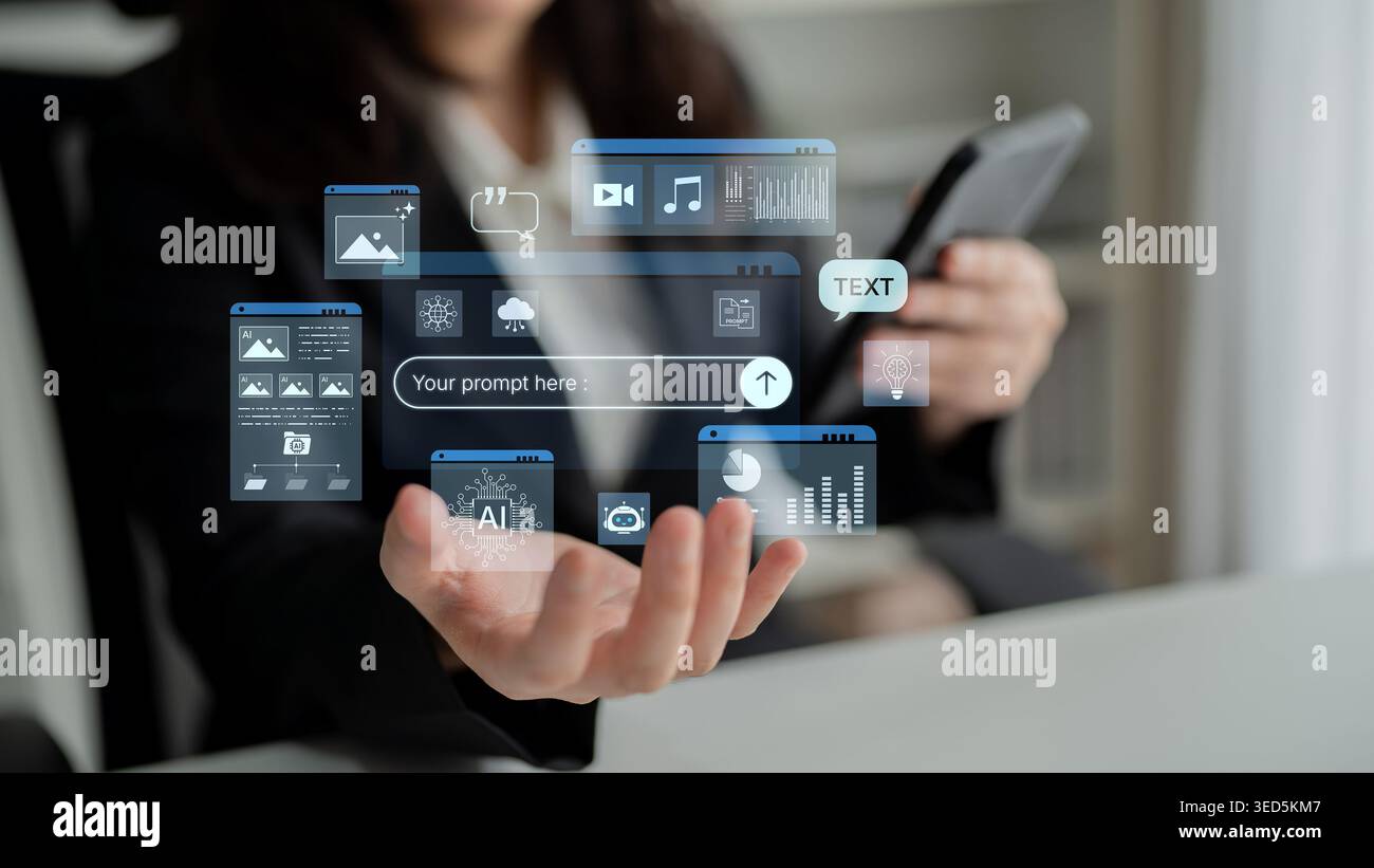Prompt driven AI interface enabling text, image vision, audio and media video data neural asset and tool in smart creation chat workspace edit. Future Stock Photo