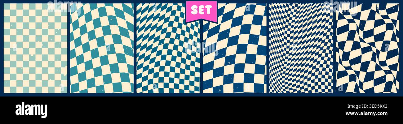 Pack of psychedelic checkerboard color posters. Retro abstract aesthetic blue tone pictures. Stock Vector