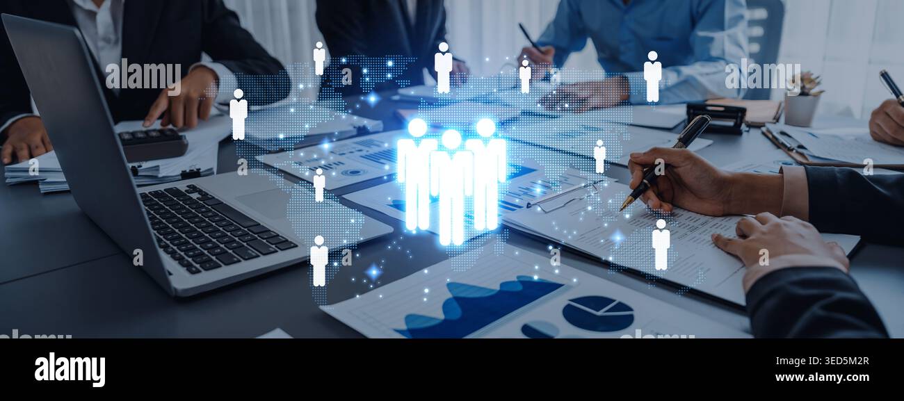 Digital Team Collaboration with Virtual Icons Over Conference Table ...