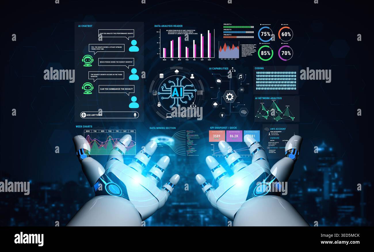Futuristic Robotic Hands Interacting with Artificial Intelligence Data and Visualizations on a Digital Background Fluxor. Stock Photo