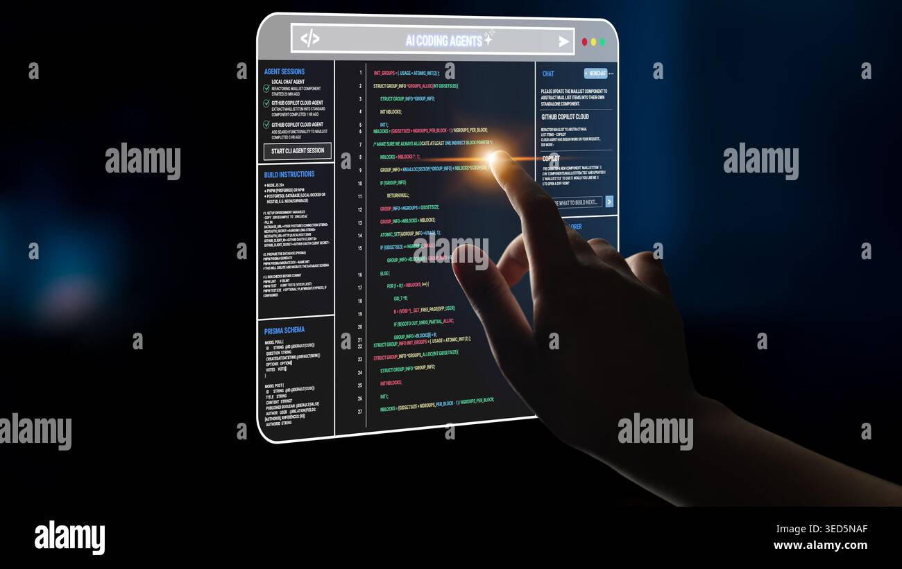 Futuristic Touchscreen Interface Displaying Code with User Interaction in a Dark Environment Quark. Stock Photo