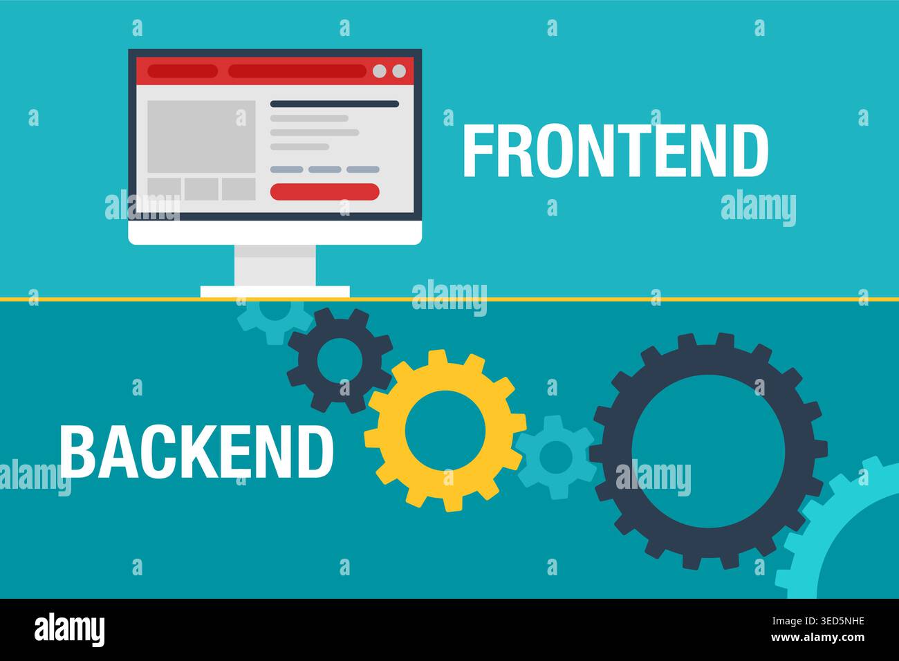 Frontend and Backend Development. User interface with gears mechanism underground. Flat vector illustration Stock Vector