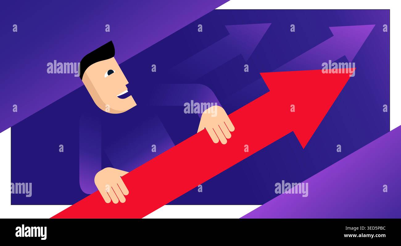 Webinar and business learning concept - abstract businessman explains financial data with growing chart arrows - conceptual vector illustration Stock Vector