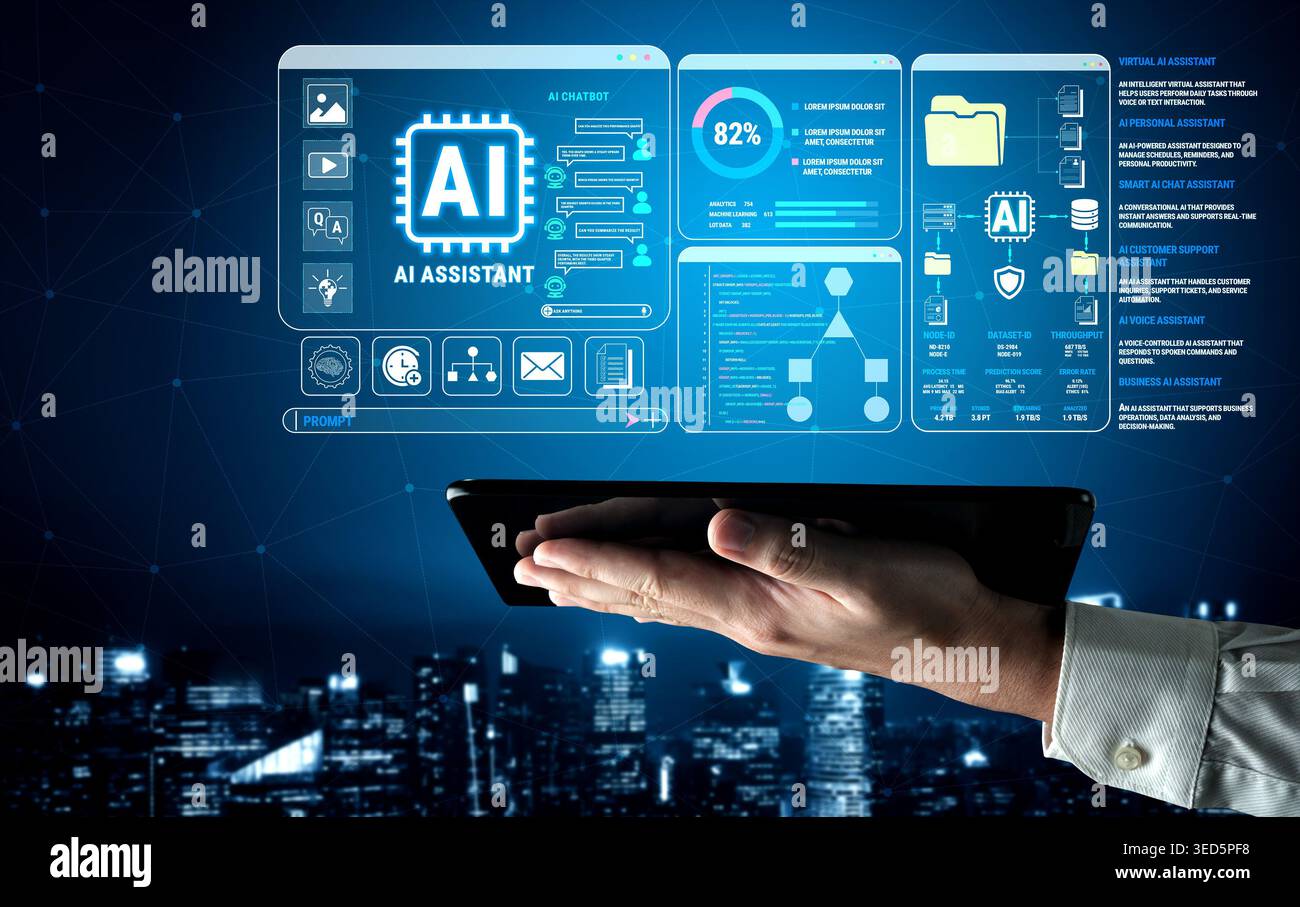 Digital Interface with AI Assistant on Tablet in Futuristic Environment Displaying Data Analytics and Technology Interaction Fluxor. Stock Photo