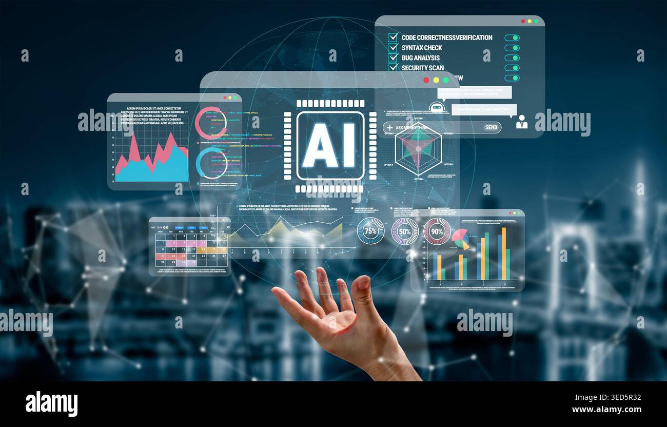Digital Interface Displaying Artificial Intelligence Concepts with Charts, Graphs, and Data Analysis in a High-Tech Environment Quark. Stock Photo