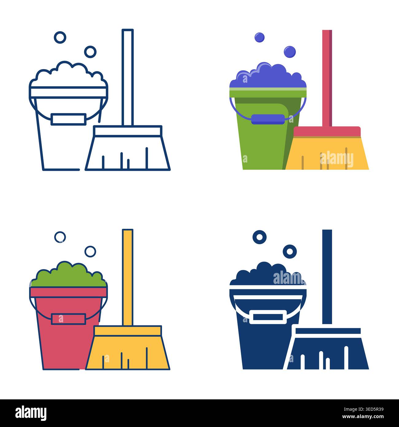Cleaning icon set, mop and bucket with soapsuds. Vector illustration. Stock Vector