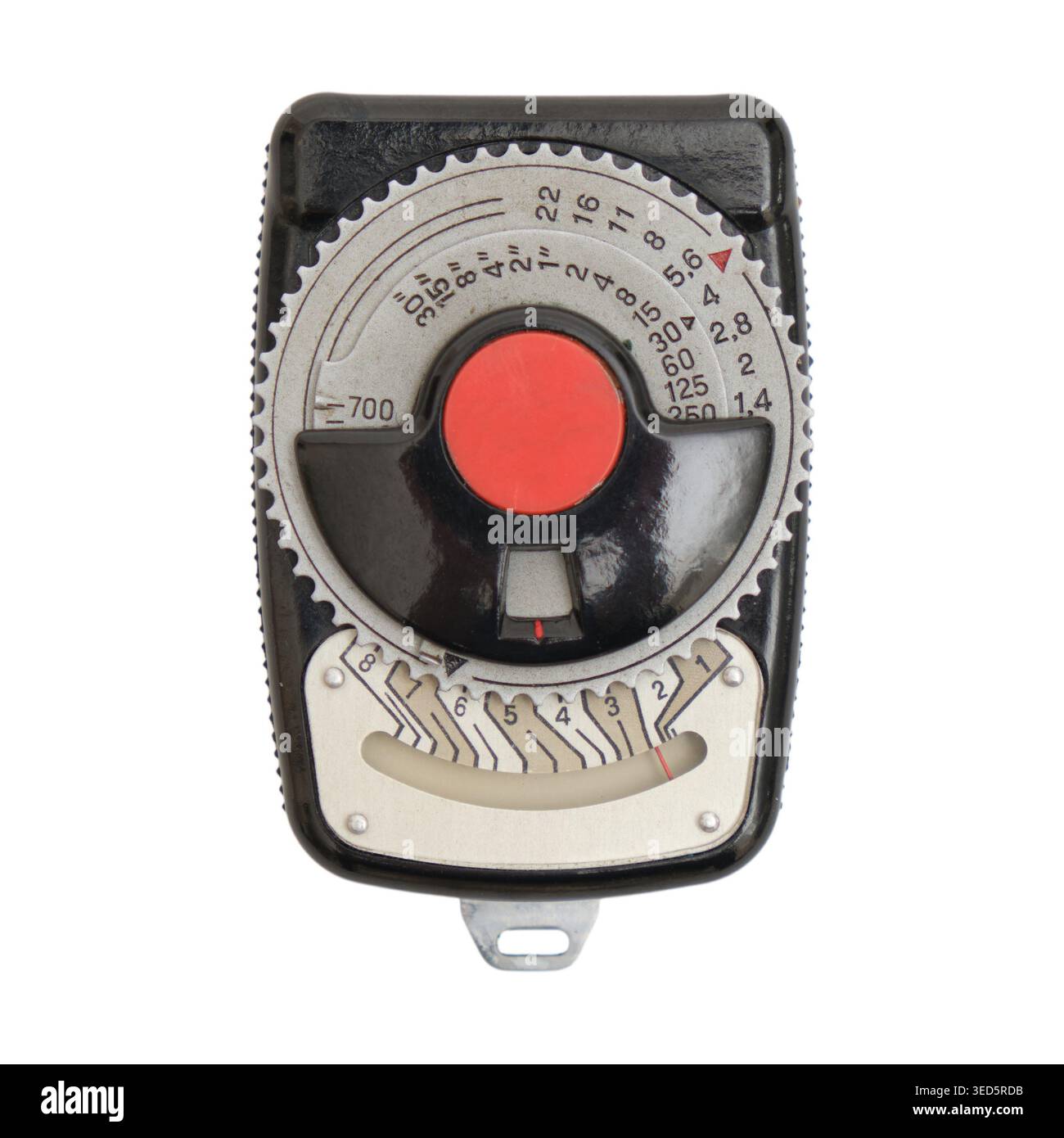 Vintage analog light meter for photography isolated on white background. Classic handheld device for measuring exposure settings and manual camera gea Stock Photo