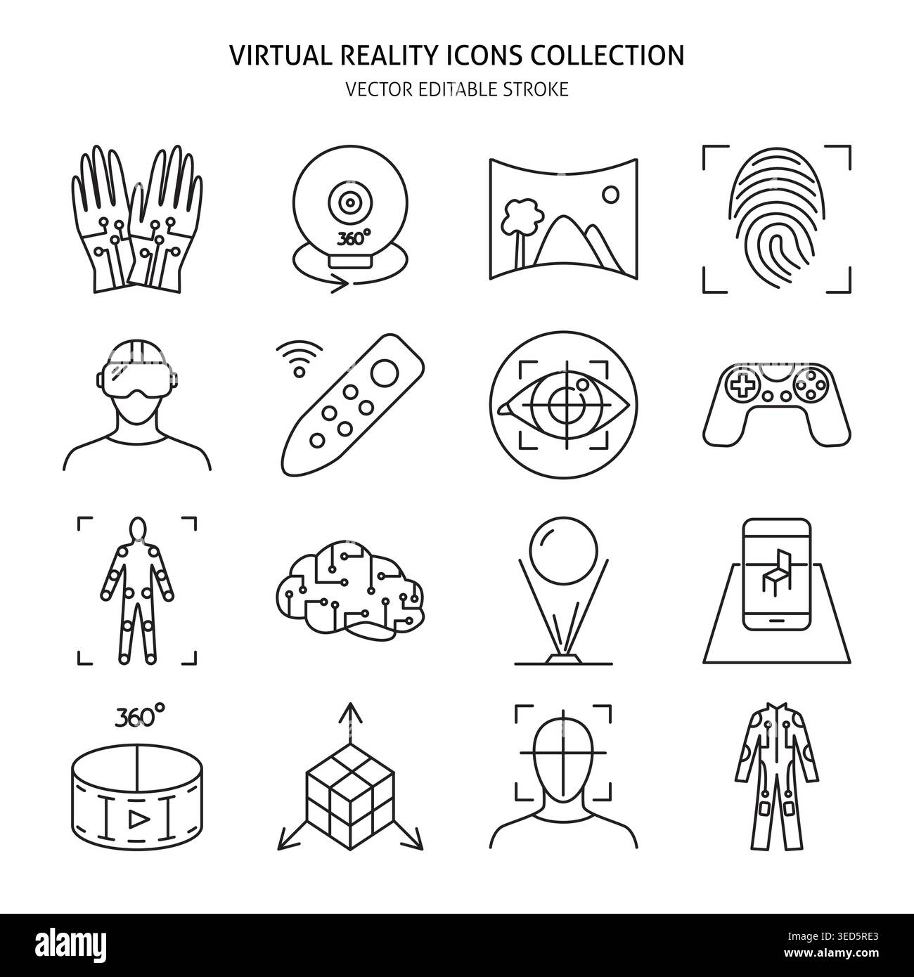 Virtual reality icon set in linear style. Modern computer technology symbols collection. Vector illustration with editable stroke. Stock Vector
