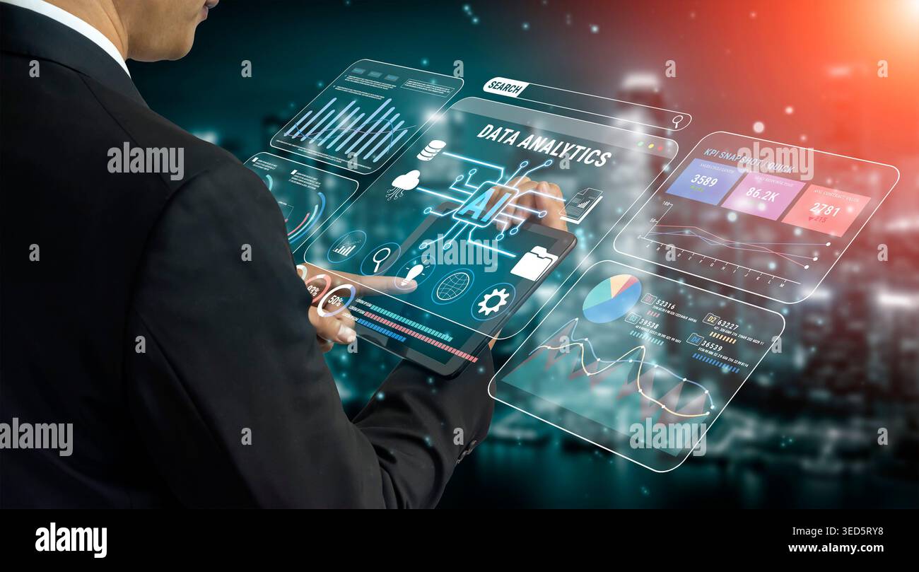 Business Professional Interacting with Advanced Data Analytics Interfaces Featuring Visual Graphs and AI Technology Fluxor. Stock Photo