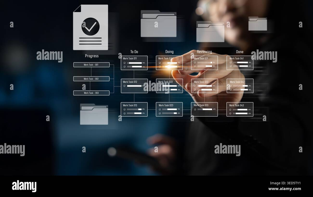 Task management workflow dashboard visualizing to-do lists, ongoing tasks, review status, and completed items to support productivity and project Stock Photo