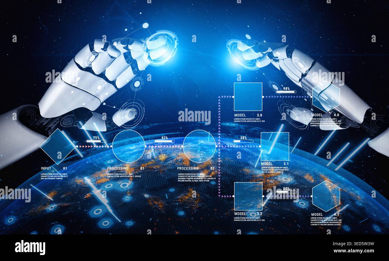 Futuristic Robots Engaging in Data Processing Over a Digital Globe with Floating Analytical Elements and Virtual Interfaces Quark. Stock Photo
