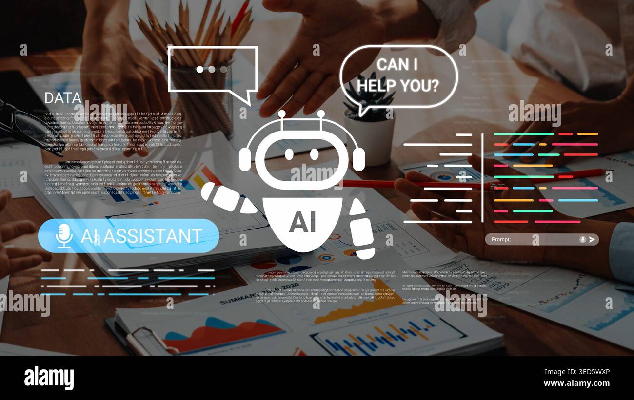 Innovative AI Assistant Concept for Data Analysis with Collaborative Teamwork Elements and Digital Interfaces Showcasing Modern Technology Solutions Stock Photo