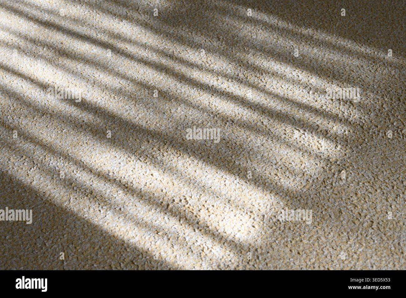 Sunlight streaming through blinds casts striped shadows on a textured carpet surface Stock Photo