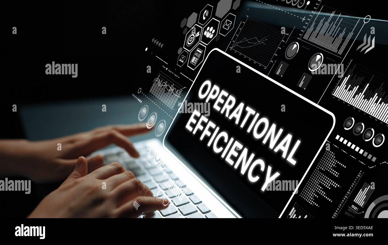 Hands Typing on Laptop with Operational Efficiency Graphics and Data Visualizations in Modern Business Environment. Asymptotic smart data analytic. Stock Photo