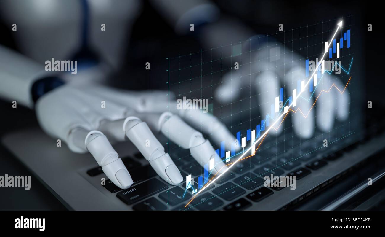 A robotic hand interacts with a laptop, showcasing advanced technology in financial analysis through vibrant data visualizations, symbolizing the Stock Photo