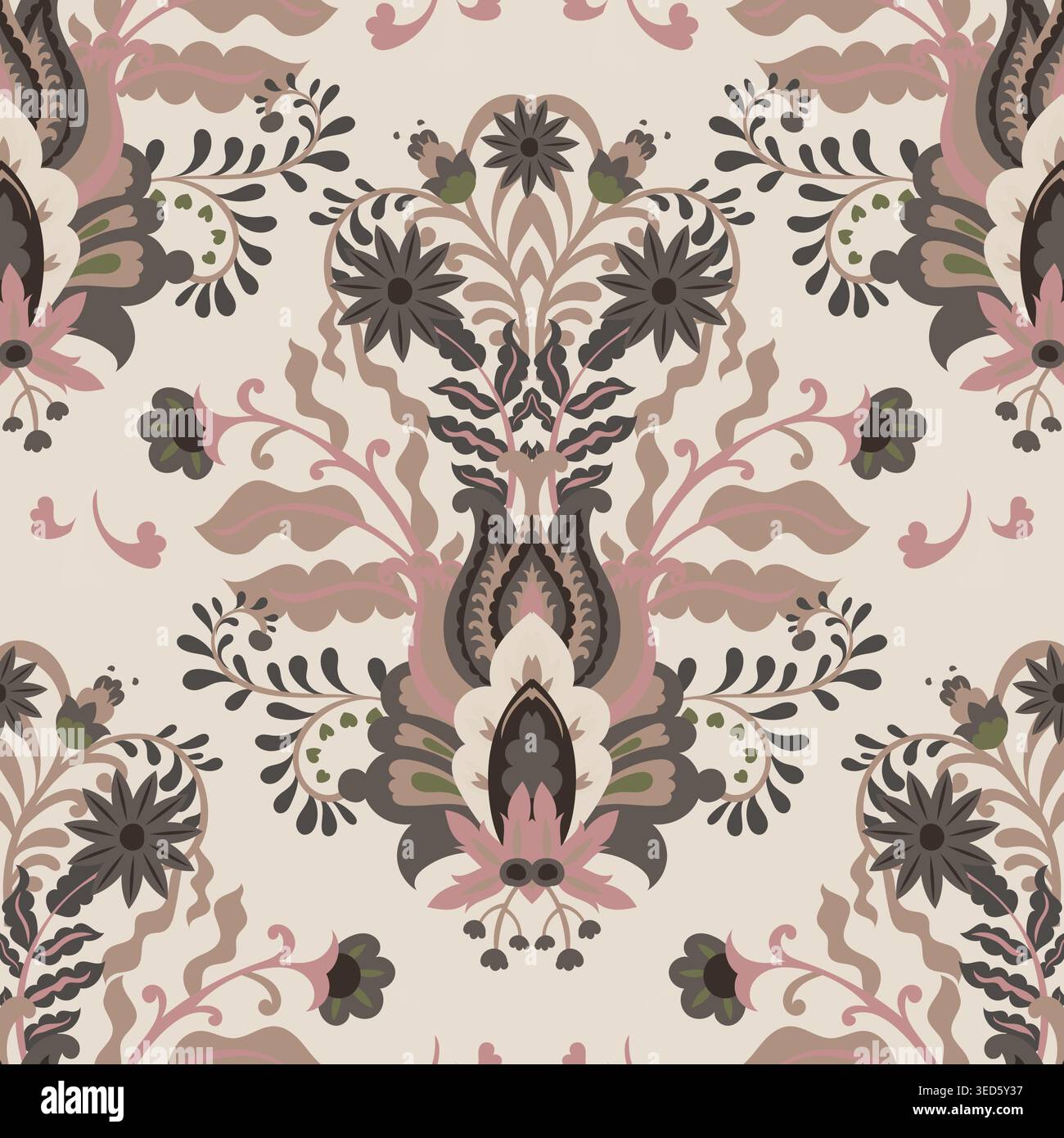 Ornate Botanical Damask Beige Background Stock Vector