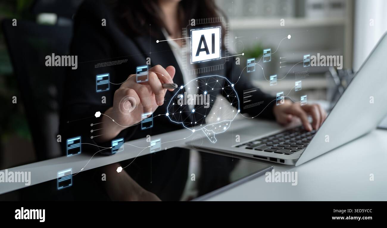 AI neural network and data processing system visualizing artificial intelligence with brain structure, chip, and connected data blocks for computation Stock Photo