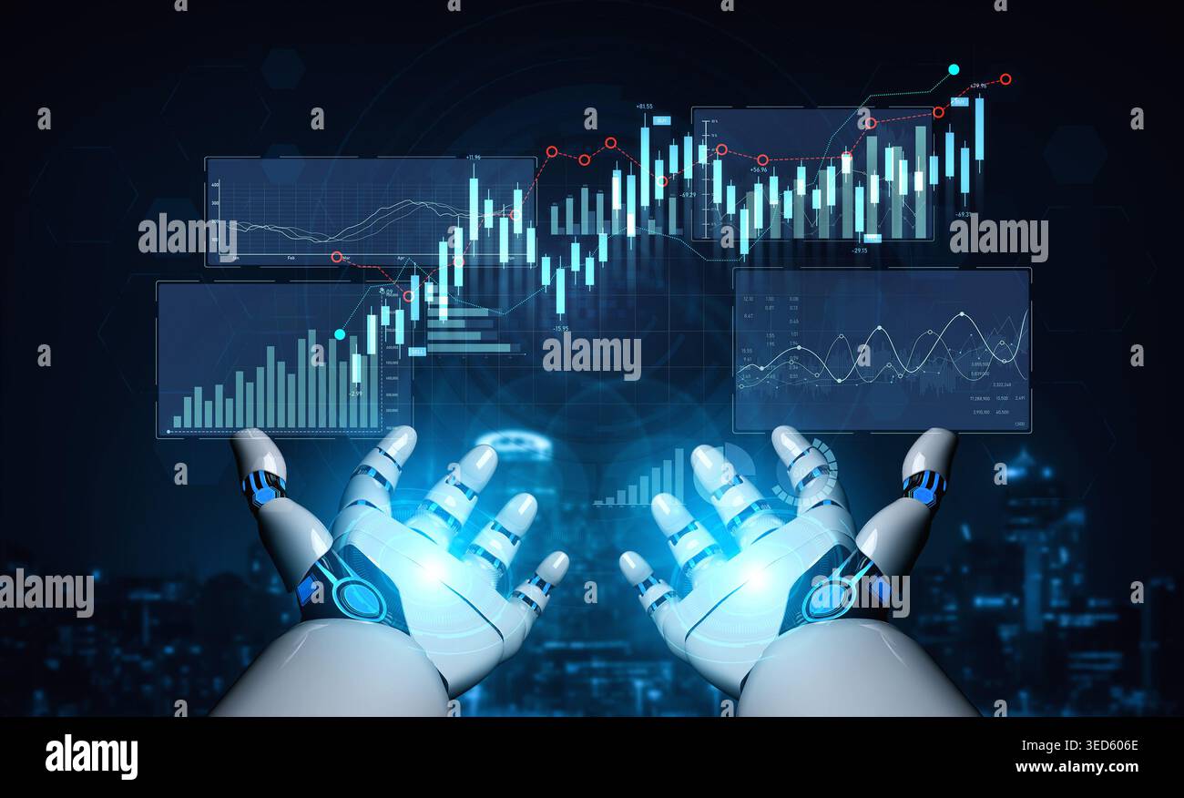 Futuristic robotic hands interact with advanced financial data analysis, showcasing digital graphs and statistics in a modern technology-driven Stock Photo