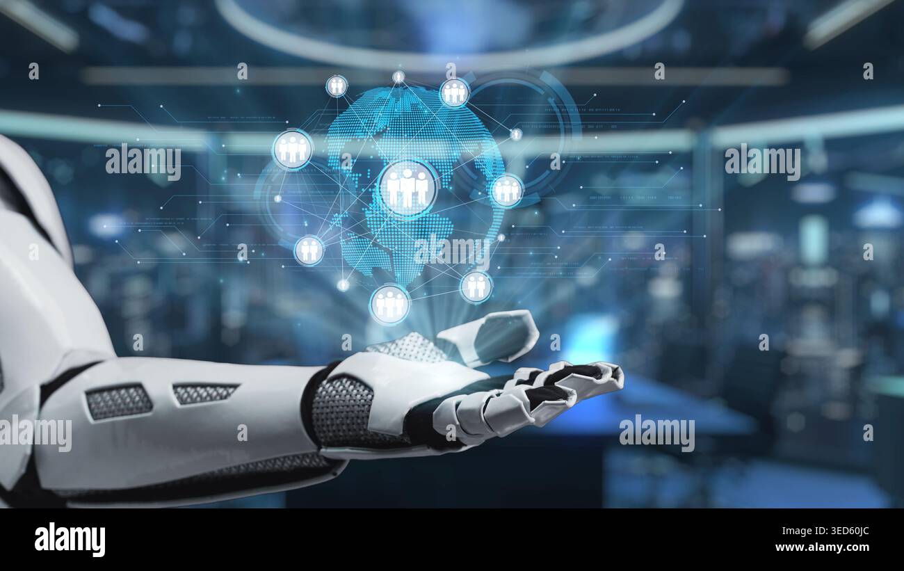 A futuristic robotic hand showcases a holographic display of global communication icons, symbolizing the intersection of technology, innovation, and Stock Photo