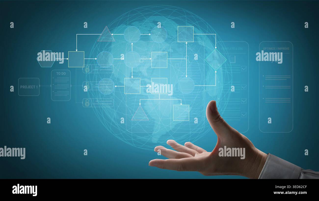 Futuristic Hand Reaching Towards Digital Flowchart and Global ...