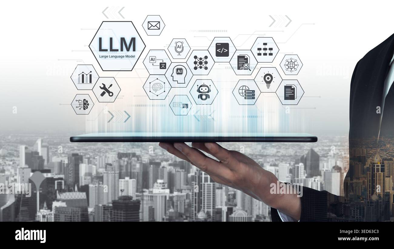 Large Language Model LLM processing data. Represents deep text learning, natural language processing NLP AI tech, transformer architecture, and Stock Photo