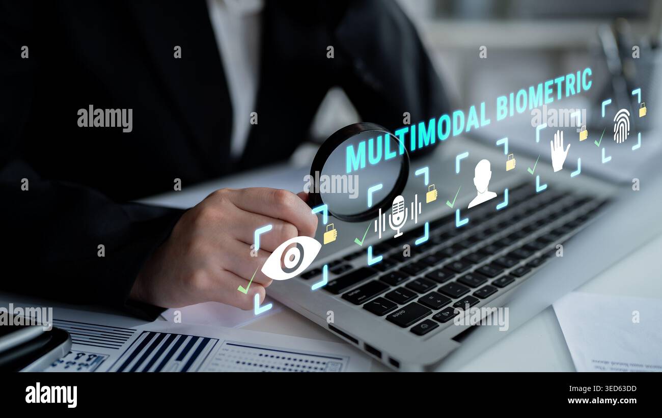 Business professional using multimodal biometric technology for secure identification and validation in modern workplace environment Haptic. Stock Photo