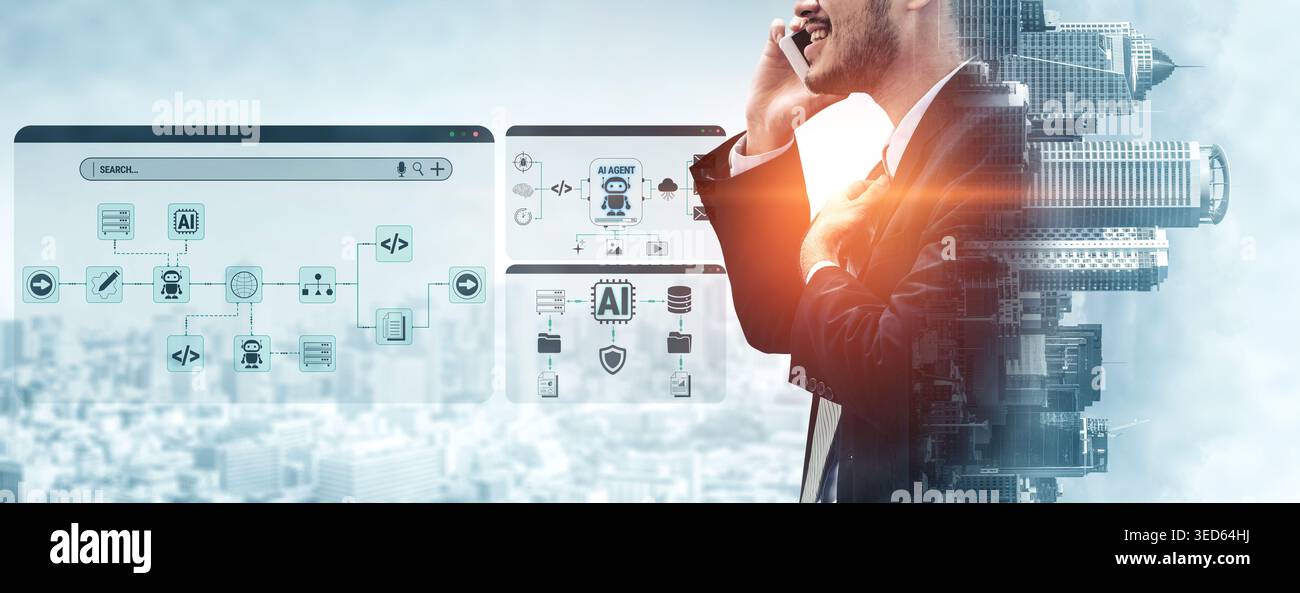 Businessman Using Smartphone While Engaged in Artificial Intelligence Technology and Data Analytics with Modern Urban Background Fluxor. Stock Photo
