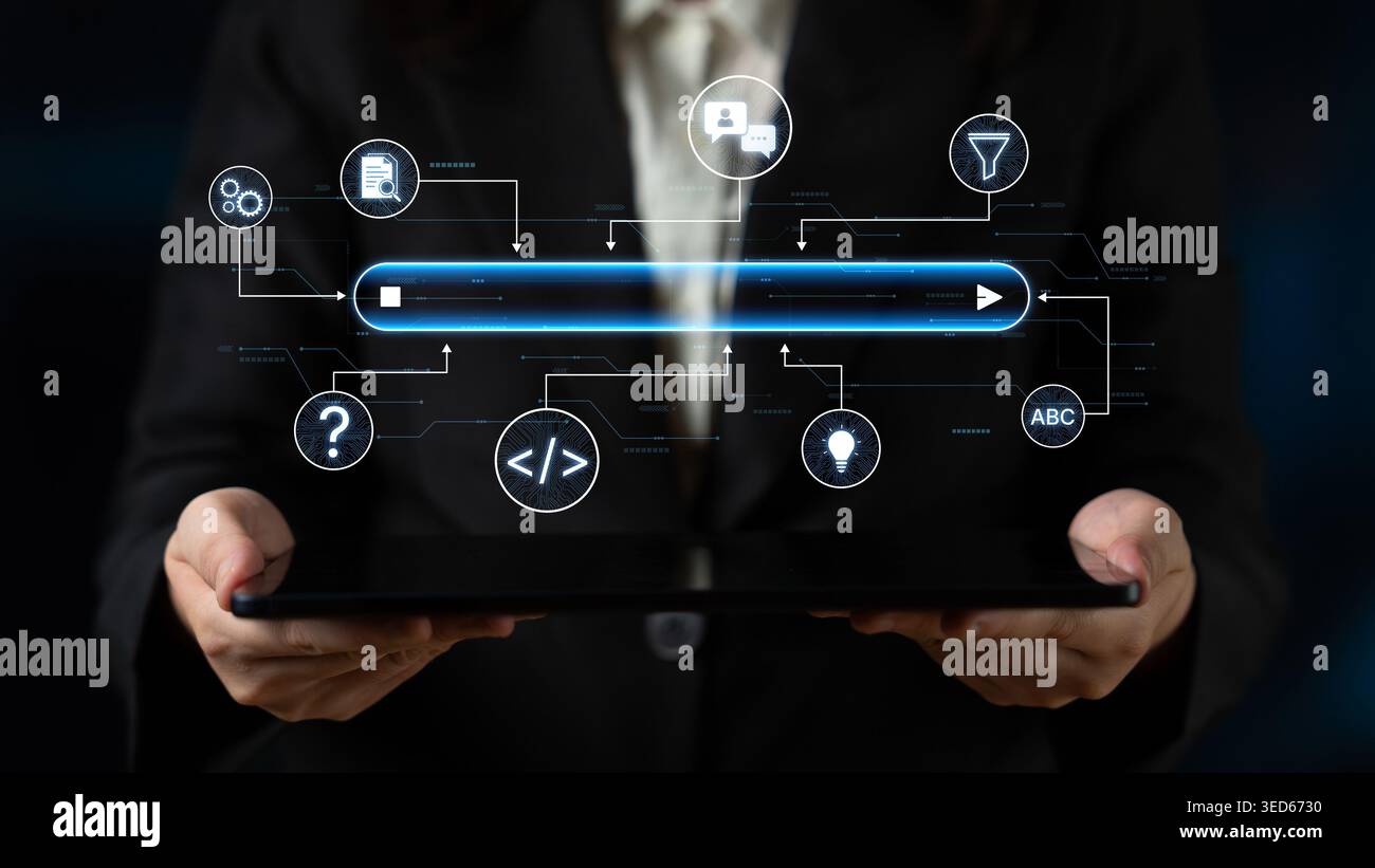 Generative search system powered by AI with data, process, intelligence, and automation in a seamless concept flow. Corpus Stock Photo