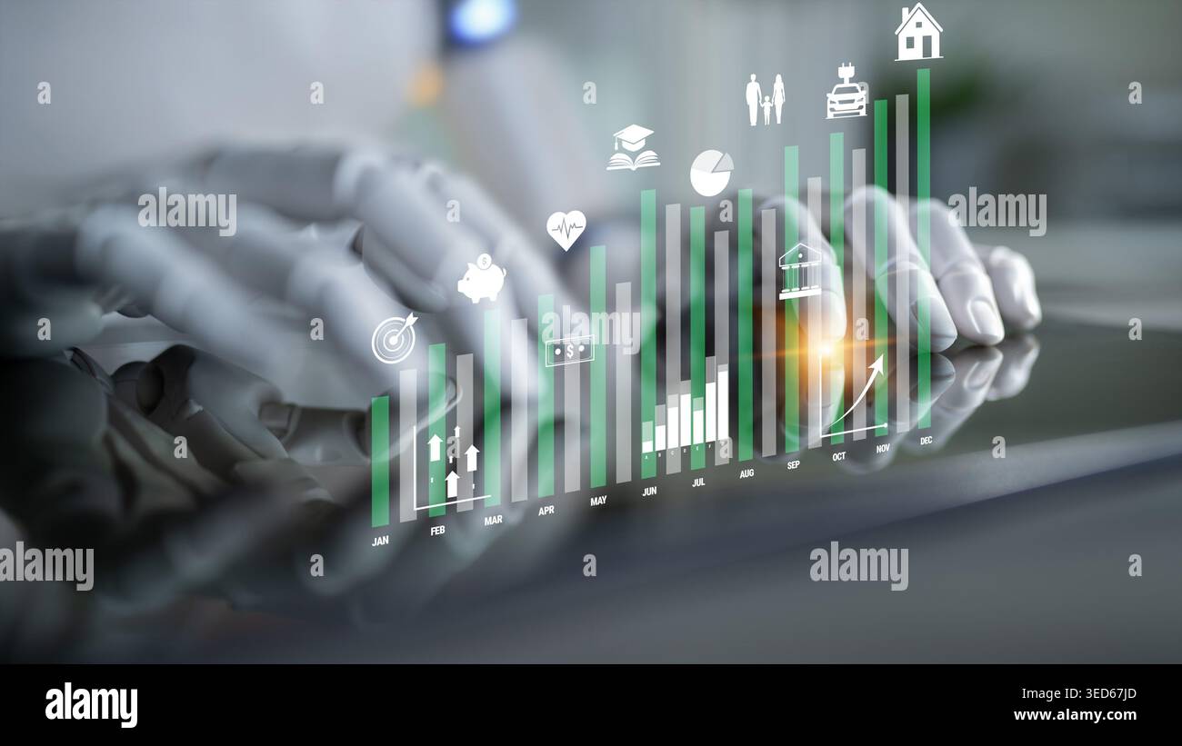 Futuristic Robot Hands Interacting with Data Visualization Interface Displaying Various Business and Financial Icons on a Digital Tabletop Quark. Stock Photo