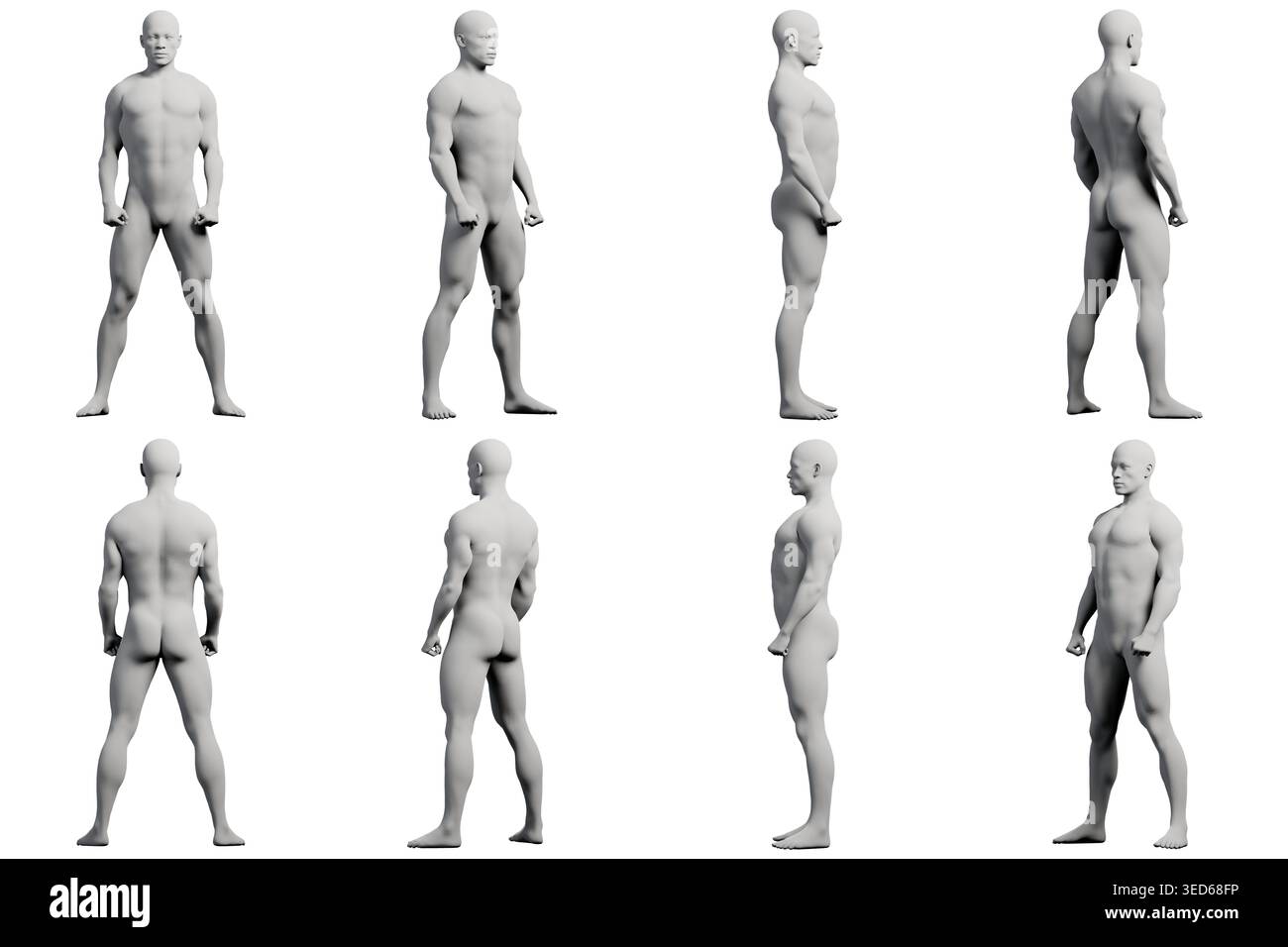 Alternative Rendered Angles A 3D-rendered mannequin figure is displayed in various standing poses ...