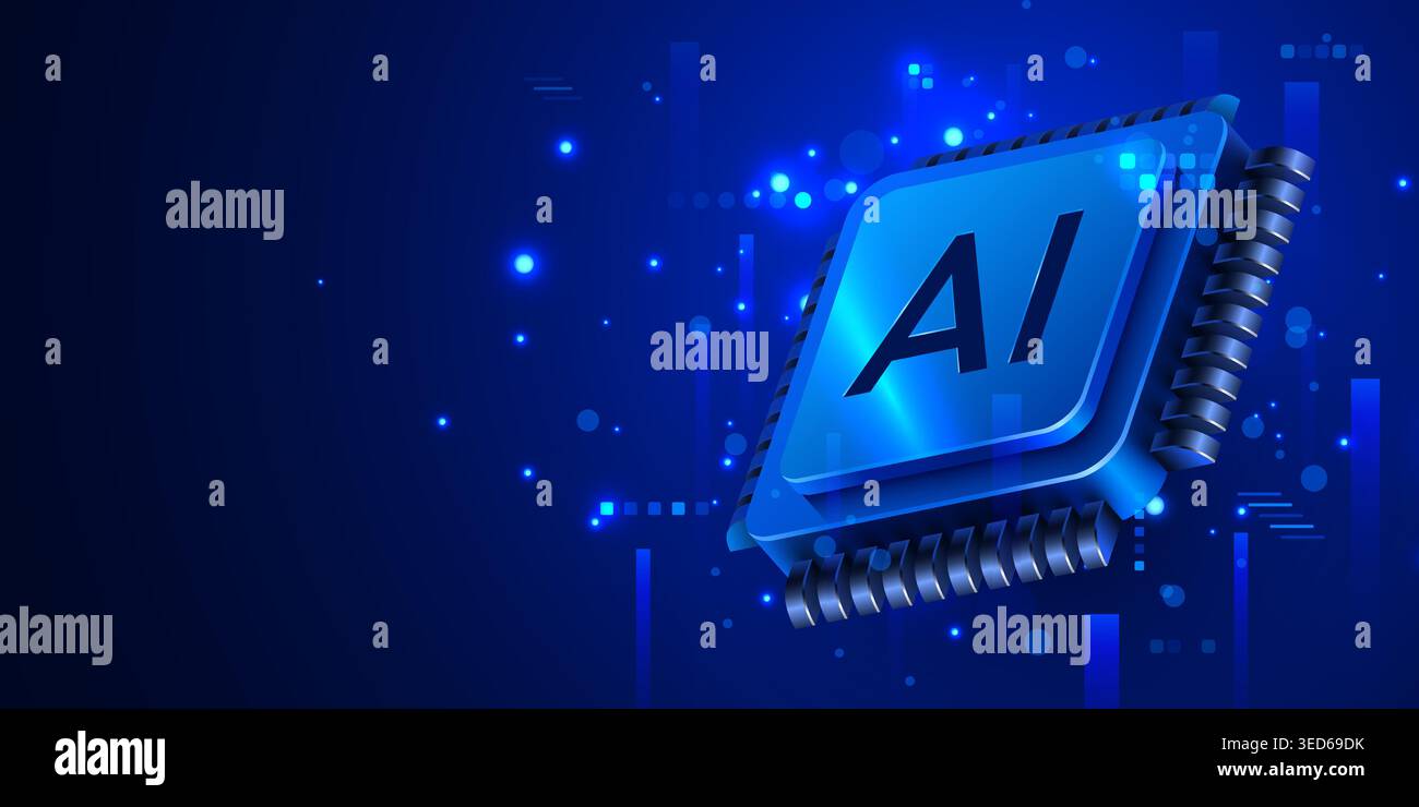 Artificial intelligence microchip processor on abstract blue background. Future technology concept. Vector illustration Stock Vector