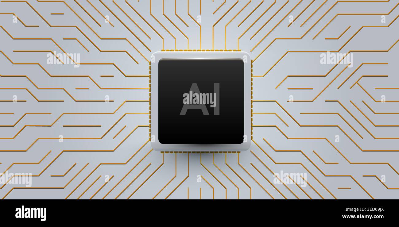 Artificial intelligence microchip on a circuit board background. Futuristic digital concept. Vector illustration Stock Vector