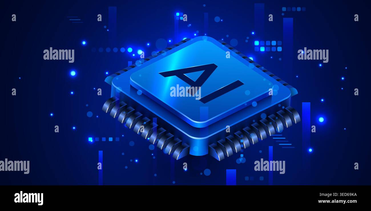 Artificial intelligence microchip processor on digital background representing futuristic technology. Vector illustration. Stock Vector