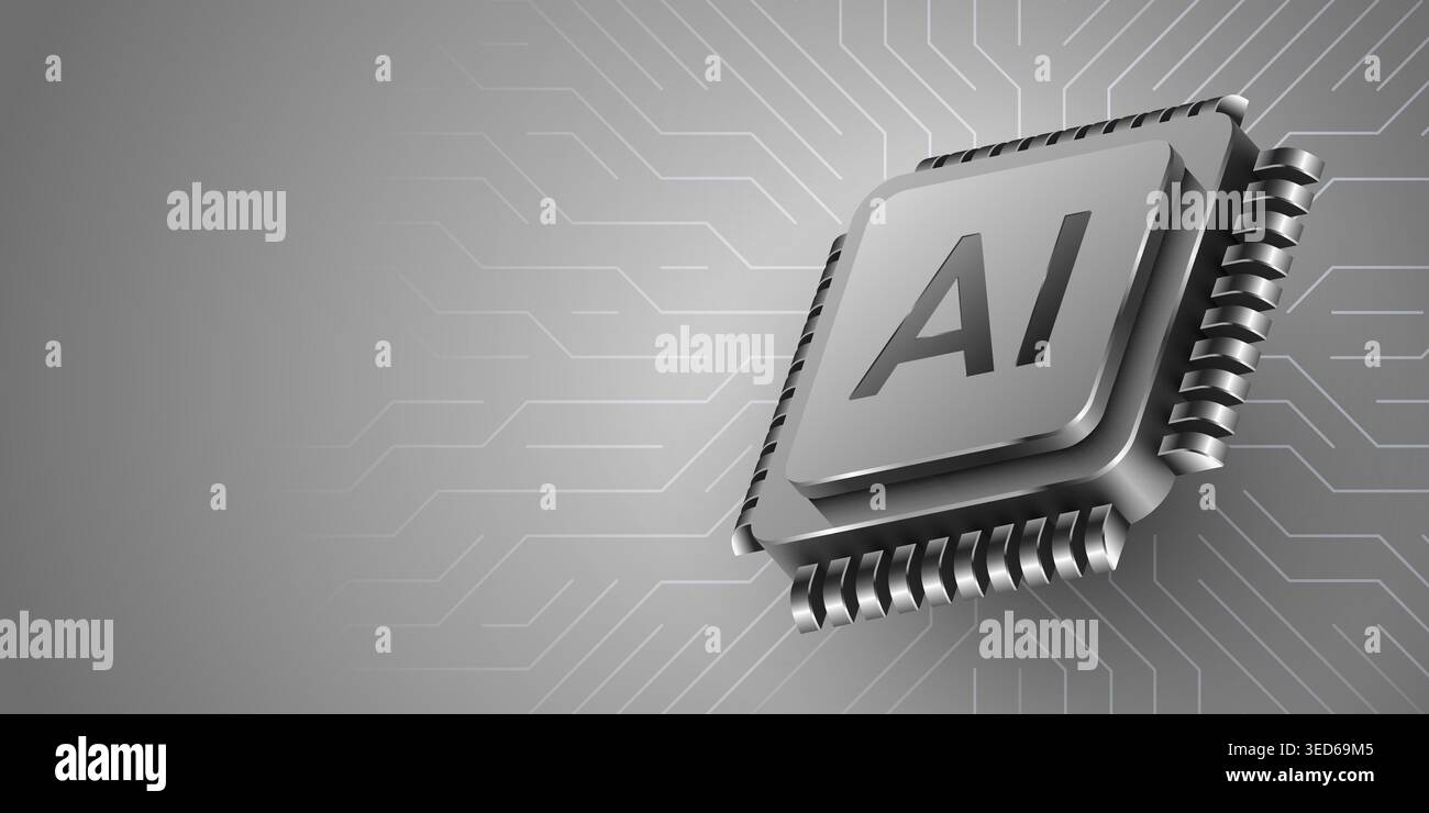 Artificial intelligence microchip processor on circuit background. Modern technology concept. Vector illustration. Stock Vector
