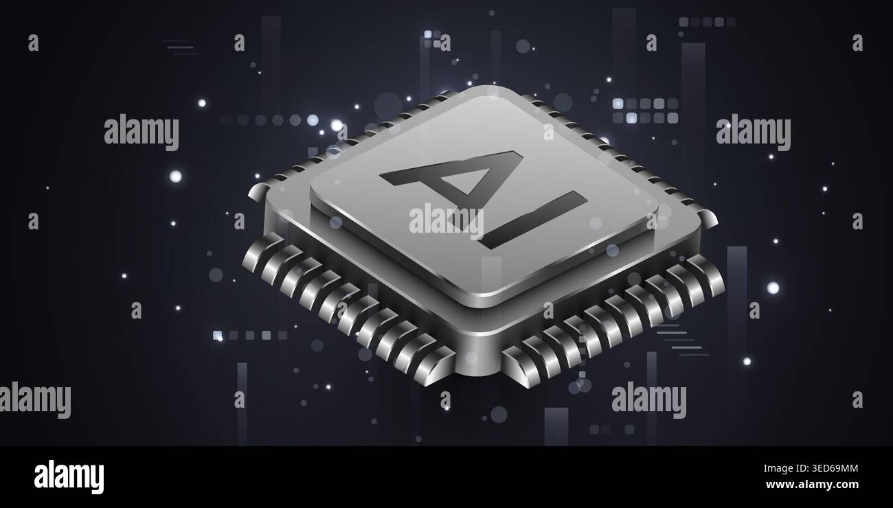Artificial intelligence microchip processor on dark digital background. High tech concept. Vector illustration. Stock Vector